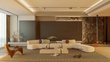 Large luxury modern bright interiors Living room mockup illustration 3D rendering image