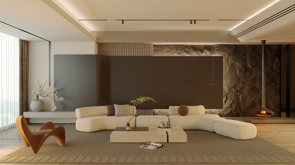 Large luxury modern bright interiors Living room mockup illustration 3D rendering image