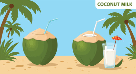 set green coconut. drinking coconut. A tropical fruit. coconut grew on a palm tree. coconut milk. an exquisite cocktail. a fruit painted in a flat style. vector. delicious milk.