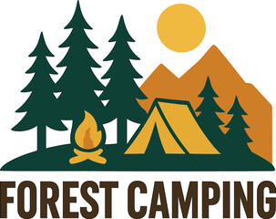 Vector illustration of a forest camping logo emblem representing outdoor adventure and leisure with silhouettes of pine trees