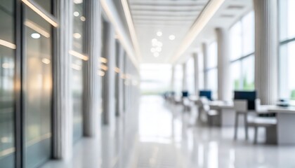 Brightly lit hallway with a glossy floor and blurred office environment in the background, emphasizing modern architectural design