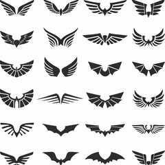 Obraz premium Wing logo designs, vector wing set. Artistic wing illustrations including eagle, angel, bird, bat, and minimalist icons for tattoos, emblems, branding, or fantasy-themed projects.