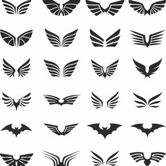 Naklejka premium Wing logo designs, vector wing set. Artistic wing illustrations including eagle, angel, bird, bat, and minimalist icons for tattoos, emblems, branding, or fantasy-themed projects.