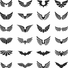 Obraz premium Wing logo designs, vector wing set. Artistic wing illustrations including eagle, angel, bird, bat, and minimalist icons for tattoos, emblems, branding, or fantasy-themed projects.