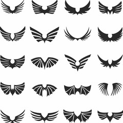 Obraz premium Wing logo designs, vector wing set. Artistic wing illustrations including eagle, angel, bird, bat, and minimalist icons for tattoos, emblems, branding, or fantasy-themed projects.
