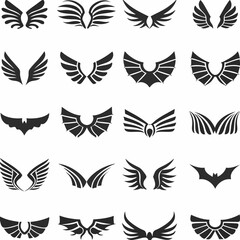 Fototapeta premium Wing logo designs, vector wing set. Artistic wing illustrations including eagle, angel, bird, bat, and minimalist icons for tattoos, emblems, branding, or fantasy-themed projects.