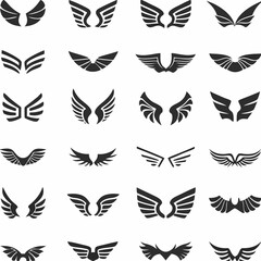 Fototapeta premium Wing logo designs, vector wing set. Artistic wing illustrations including eagle, angel, bird, bat, and minimalist icons for tattoos, emblems, branding, or fantasy-themed projects.