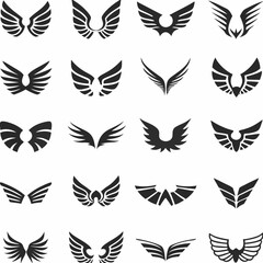 Wing logo designs, vector wing set. Artistic wing illustrations including eagle, angel, bird, bat, and minimalist icons for tattoos, emblems, branding, or fantasy-themed projects.