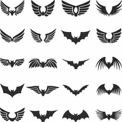 Wing logo designs, vector wing set. Artistic wing illustrations including eagle, angel, bird, bat, and minimalist icons for tattoos, emblems, branding, or fantasy-themed projects.