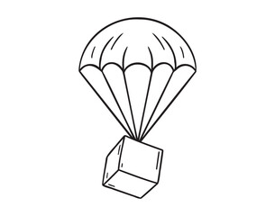 parachute package cargo delivery icon doodle hand drawn. Outline parachute package line drawing clipart symbol