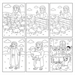 Jesus'  Parabole of the Shepherd and the Lost Sheep Coloring Pages for Bible Class and Sunday School