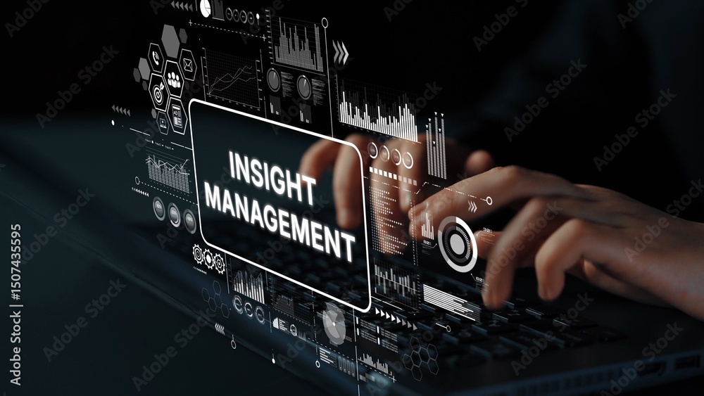 Poster Hands on Keyboard with Digital Insight Management Interface and Data Visualization Elements in Modern Workspace. Asymptotic smart data analytic.