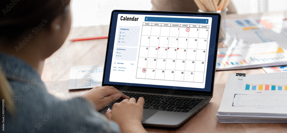 Poster calendar on computer software application for brisk schedule planning for personal organizer and onl