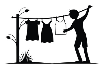 Silhouette Boy Hanging Clothesline Laundry