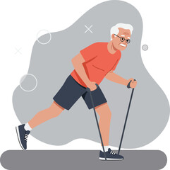 Fototapeta premium Senior man exercising with walking poles in active lifestyle fitness routine vector illustration 