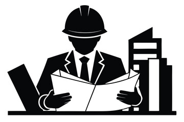 Architect Reviewing Blueprints Cityscape