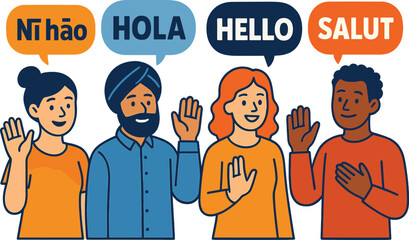 A diverse group of individuals from various linguistic backgrounds exchange greetings, waving their hands and using distinct gestures to convey their hellos