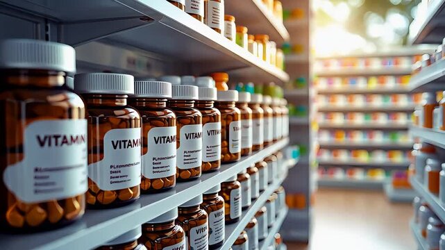 Rows of vitamin supplement bottles on pharmacy shelves with natural light, showcasing health products in a clean and organized store environment