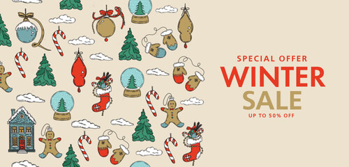 Christmas sale, pattern. Hand drawn illustration.