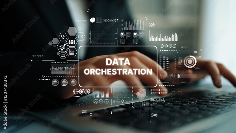 Poster data orchestration concept with hands on keyboard and digital graphics for business and technology a