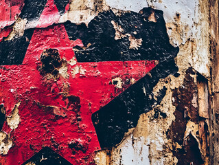 Red star mural shows weathered texture on urban wall covered in peeling paint during sunny daylight