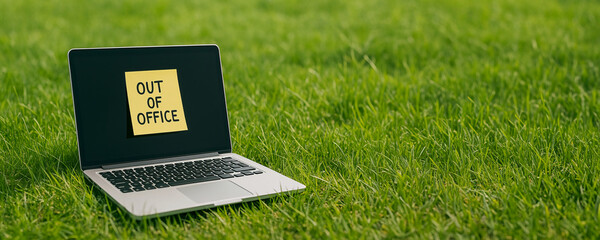 Open laptop on a grassy field with bold OUT OF OFFICE message on screen. Concept of digital detox, outdoor work break, or vacation mode in nature