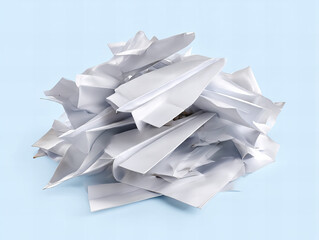 Crumpled white paper airplane models piled on a light blue background illustrating creativity and playful ideas