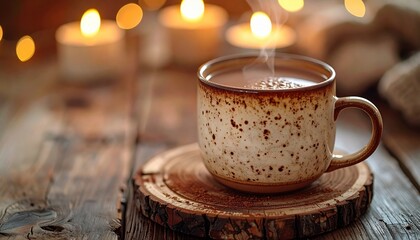 Rustic hot chocolate in a handmade mug set on wood evokes warmth, coziness, and moments of comfort during cold seasons or holiday gatherings