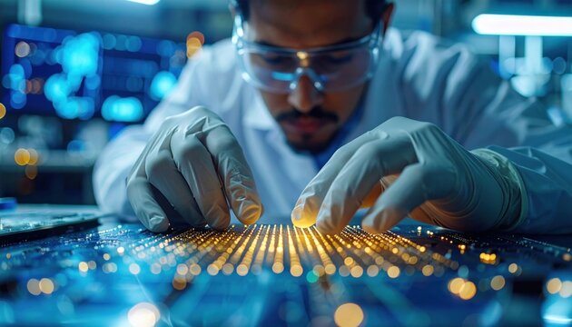 Scientist wearing gloves and protective glasses working with illuminated microchip in lab, concept of electronics development and innovation - Powered by Adobe