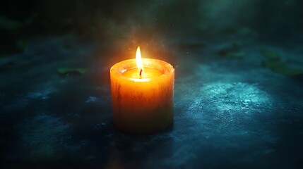 Fototapeta premium Illuminated candle in a dark, moody setting.