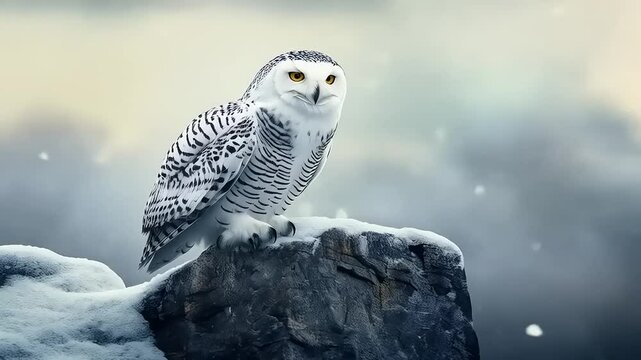Majestic Snowy Owl Perched Atop Rock, Against Winter Wonderland Background