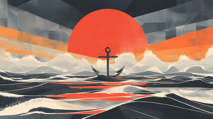 A dramatic anchor emerges from turbulent waves under a vibrant sunset sky. Visual Anchor. Illustration