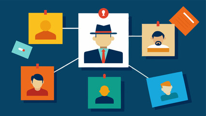 Collage of Evidence A detective pinning various photos of suspects onto a bulletin board with printed facial recognition results taped next to each photo.