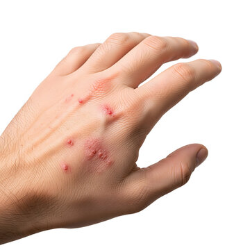 Photorealistic human hand with visible scabies rash, itching marks, and skin irritation on white background
