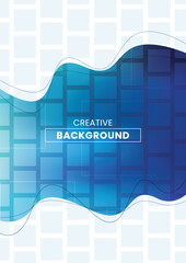 Abstract vector background with blue gradients, geometric square patterns and smooth wave lines.