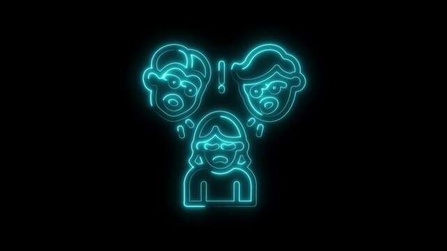 Neon glow animated people feeling anxious and overwhelmed with judgmental opinions and social stress