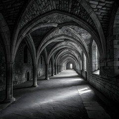 Obraz premium A striking vertical black-and-white photograph captures a long, narrow hallway, emphasizing light and shadow
