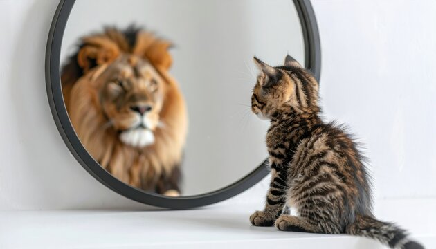 A kitten gazes into a mirror and sees a lion, symbolizing self-perception, inner strength, potential, and motivational belief in one's future greatness