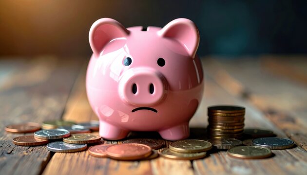 A sad piggy bank surrounded by scattered coins symbolizing economic hardship, budgeting struggles and financial awareness
