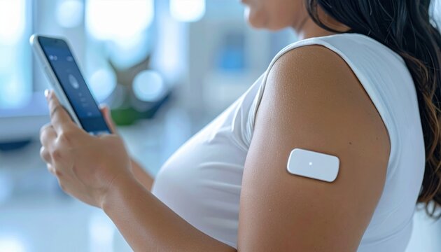 Woman using wearable health patch and smartphone highlights smart health tracking and personal tech evolution