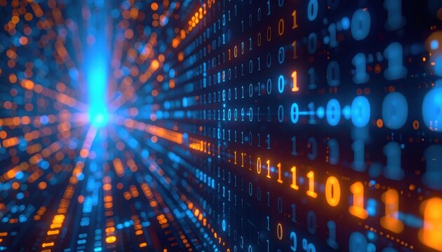 A stream of glowing binary code symbolizes the flow of digital data, futuristic computing, and the backbone of modern technological communication