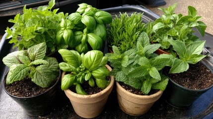 Naklejka premium Fresh herb collection in pots for culinary use