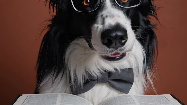 Intelligent border collie wearing stylish eyeglasses and neat bow tie, deeply concentrating while reading book against warm brown background with pristine white isolation