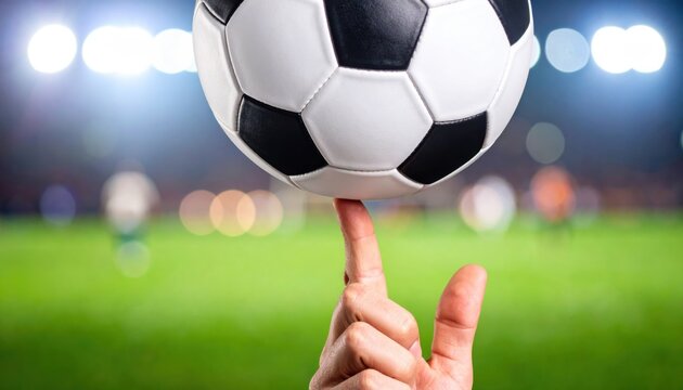 A soccer ball balanced on a fingertip in a brightly lit stadium symbolizing precision, control, and the artistry of football during a major sports event - Powered by Adobe