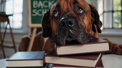 Large brown dog with a sad expression resting its head on a stack of books in a classroom setting, suggesting reluctance or boredom with studying, with a back to school sign in the background - Powered by Adobe