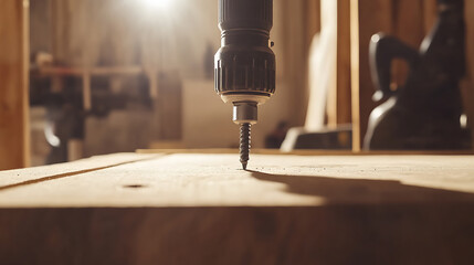 Close-up of a drill driving a screw into wood