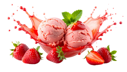 strawberry ice cream with a splash of syrup on a transparent