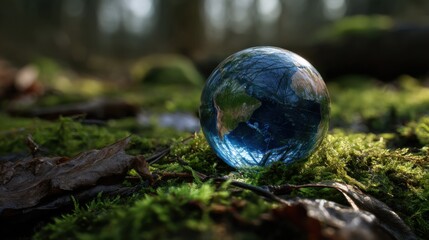 Earth in the Embrace of Nature: A captivating Earth model rests serenely on a mossy surface within a lush forest, portraying the vital connection between our planet and the environment