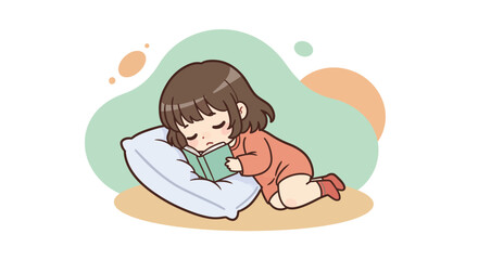 Baby girl lying on pillow reading book in pastel colors calm environment cute scene 