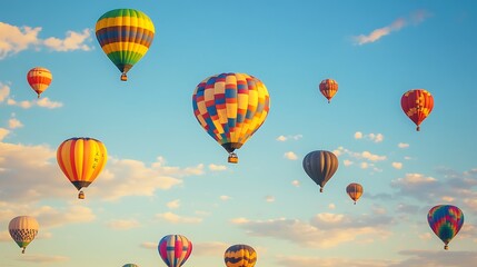 Obraz premium Colorful hot air balloons floating in a light-blue sky.